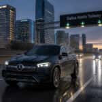2026 Mercedes-Benz GLC 350e on the Dallas North Tollway at dusk near the Legacy West corridor in Plano, Texas