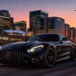 2026 Mercedes-AMG GT Coupe at dusk on the Dallas North Tollway near Legacy West, Plano TX