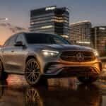 2026 Mercedes-Benz GLC on Dallas North Tollway on-ramp at dusk near Plano Legacy corridor