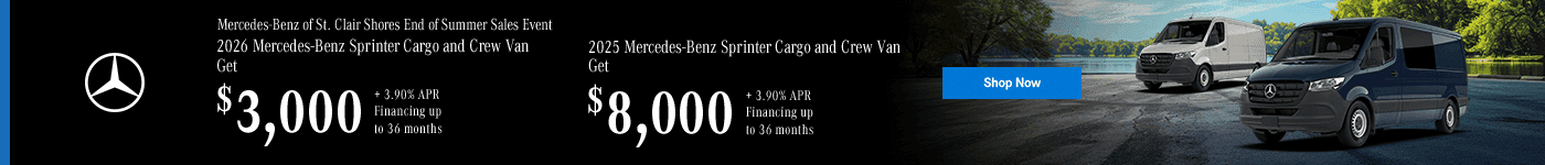 2026 Mercedes-Benz Sprinter Cargo and Crew Van Get $3,000 + 3.90% APR Financing up to 36 months 2025 Mercedes-Benz Sprinter Cargo and Crew Van Get $8,000 + 3.90% APR Financing up to 36 months