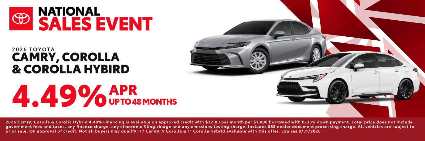 2026 Toyota Camry, Corolla & Corolla Hybrid 4.49% APR offer