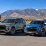 2026 Chevrolet Equinox and 2026 Chevrolet Trailblazer parked side by side on a Nevada high-desert road near Carson City with the Carson Range in the background