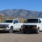 2026 Chevrolet Express Cargo Van and 2026 Silverado 1500 parked side by side in Carson Valley, Nevada