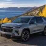 2026 Chevrolet Traverse at Spooner Summit overlook with golden October aspens and Lake Tahoe in the background
