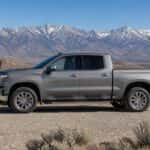 2026 Chevrolet Silverado 1500 on a gravel road in Carson City, Nevada high desert with the Carson Range in the background
