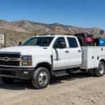 2026 Chevrolet Silverado 5500 HD crew cab service body truck at a Carson City Nevada job site