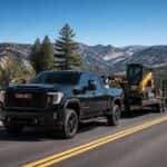 2026 GMC Sierra 2500 HD towing a flatbed trailer on a Sierra Nevada mountain highway near Carson City, NV