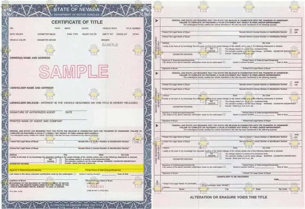 Nevada Car Title sample