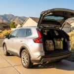 2026 Honda CR-V Hybrid with rear hatch open in a Carson City driveway, backpacks loaded for back-to-school morning