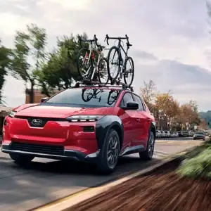 2026 Subaru Solterra Premium Elemental Red Pearl with bike rack