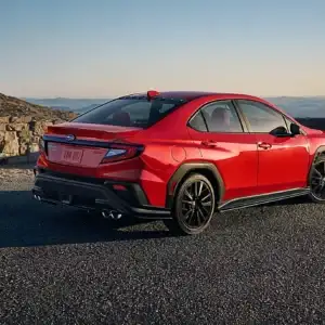 2026 Subaru WRX Limited Pure Red in the mountains