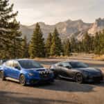 2026 Subaru WRX and 2026 Subaru BRZ on a mountain road near Carson City, Nevada, Sierra Nevada backdrop