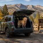 2026 Subaru Forester with rear gate open and a dog in the cargo area at a Sierra Nevada trailhead near Carson City