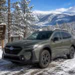 Subaru Outback on a snowy Carson Range trailhead near Carson City, Nevada