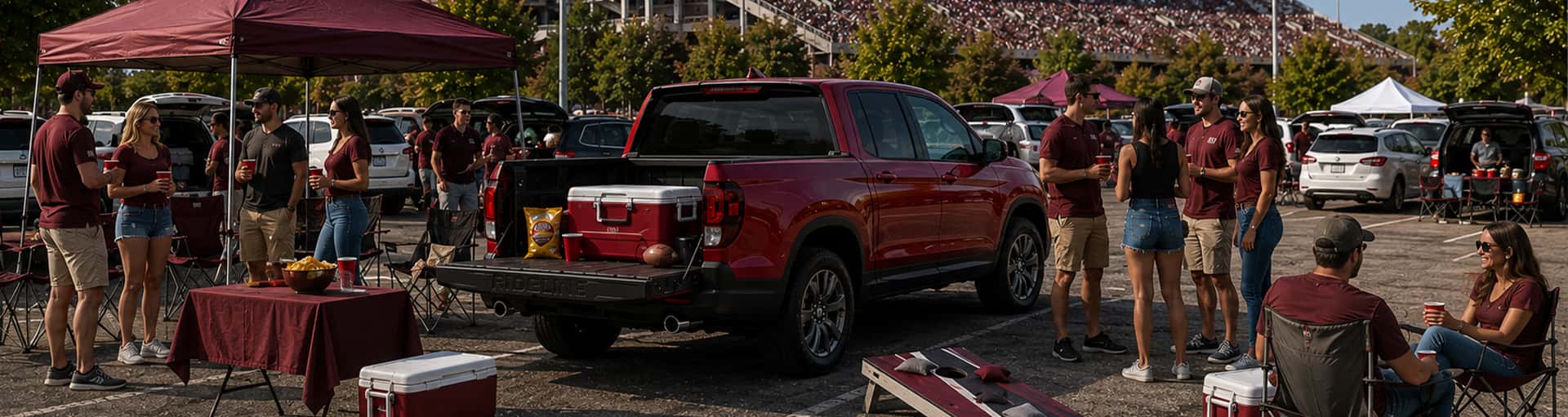A radiant red Honda Ridgeline midsize pickup truck set up for a lively game-day tailgating scene in a crowded stadium parking lot.