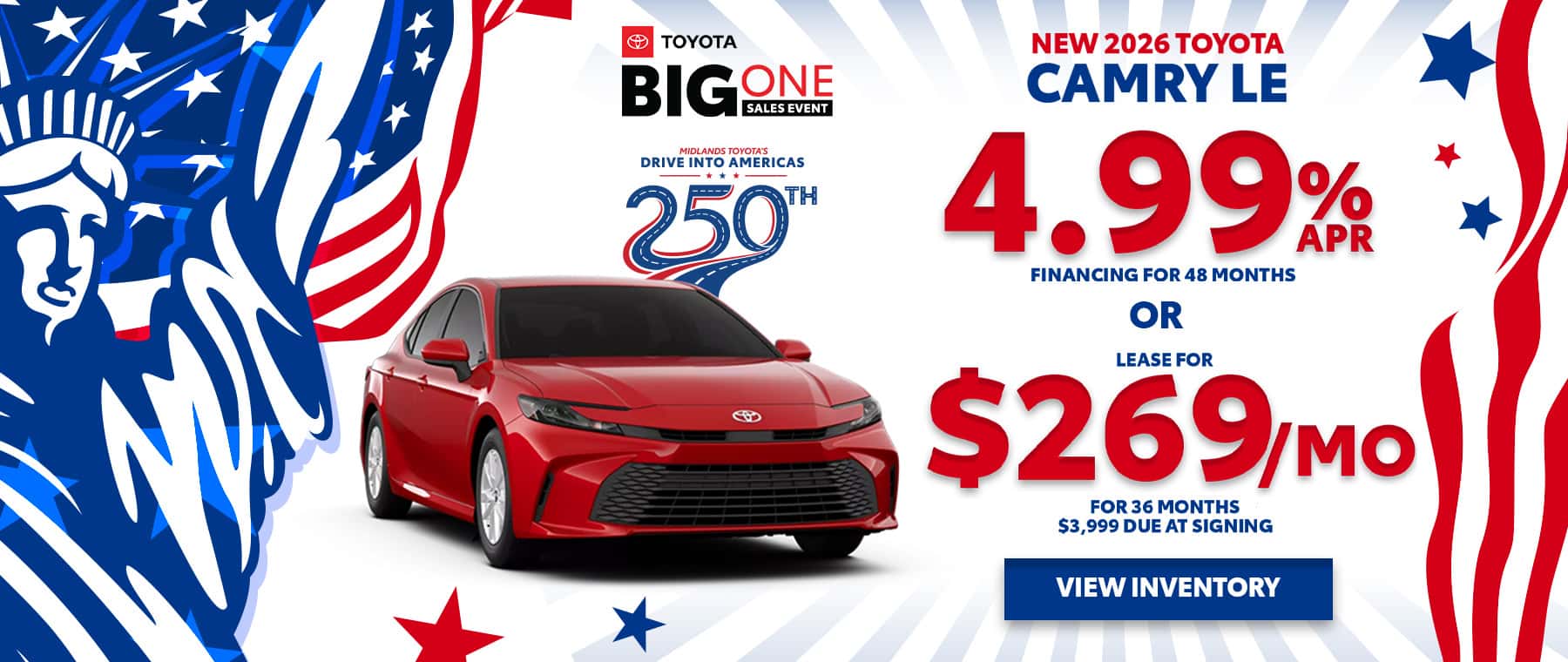 2026 Toyota Camry LE – 4.99% APR or $269/mo lease – Columbia, SC