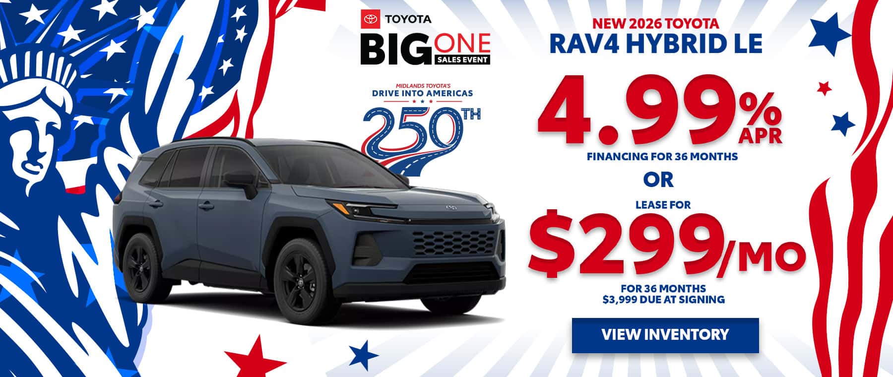 2026 Toyota RAV4 Hybrid LE – 4.99% APR or $299/mo lease – Columbia, SC