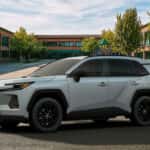 A Toyota RAV4 in the Wind Chill Pearl exterior color parked on a city street.