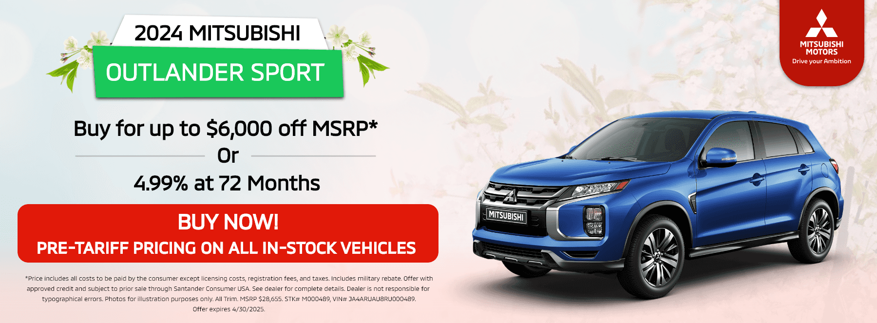 Milford-Mitsubishi-REVISED-APRIL-Leases-1800×663–Banners-April-2025-2024-Mitsubishi-Outlander-Sport