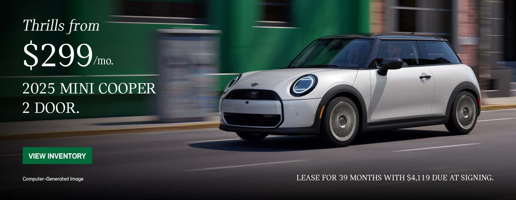 White MINI Cooper 2 Door driving in front of a green building.