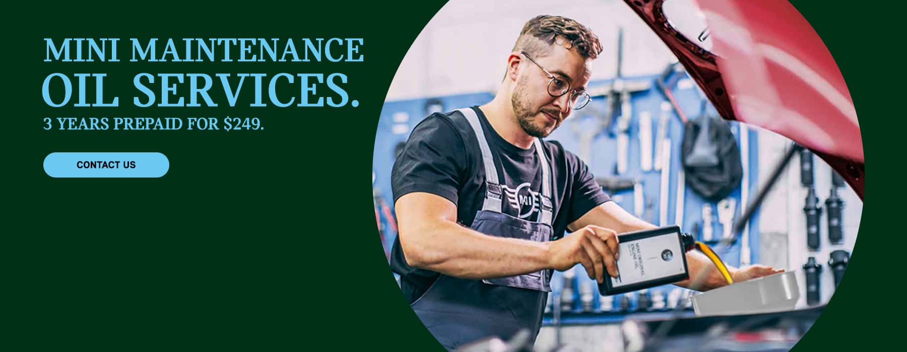 Guy changing oil on a green background.