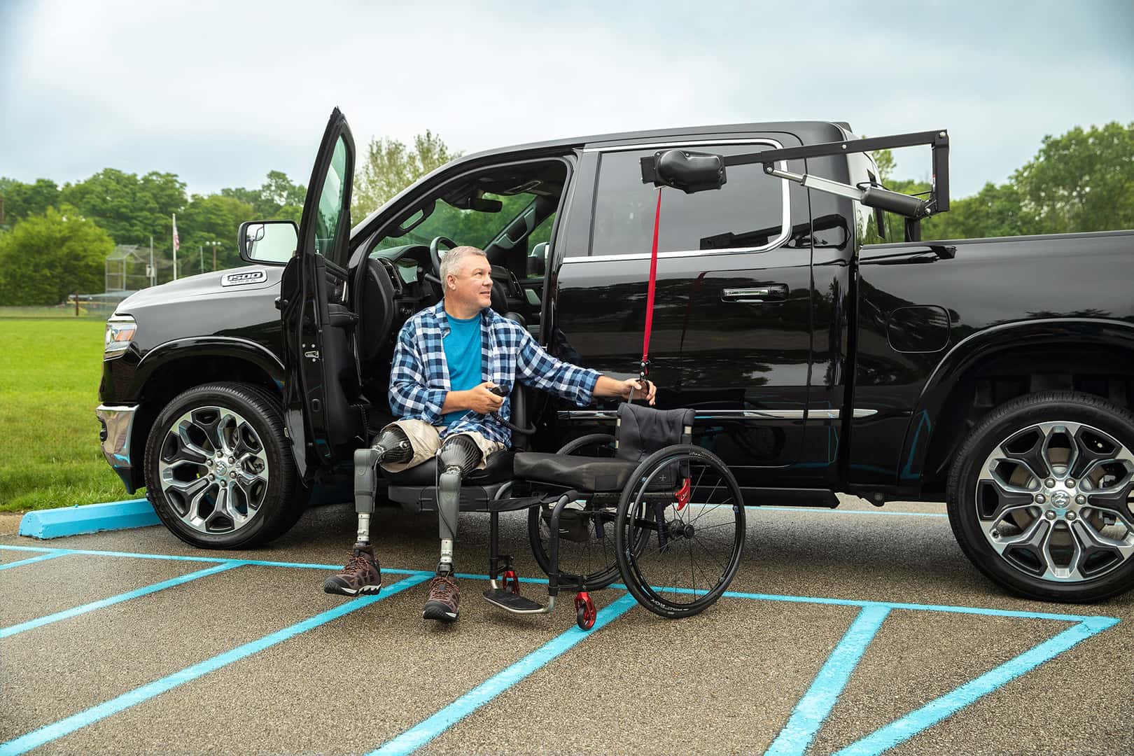 person using accessibility lift and chair