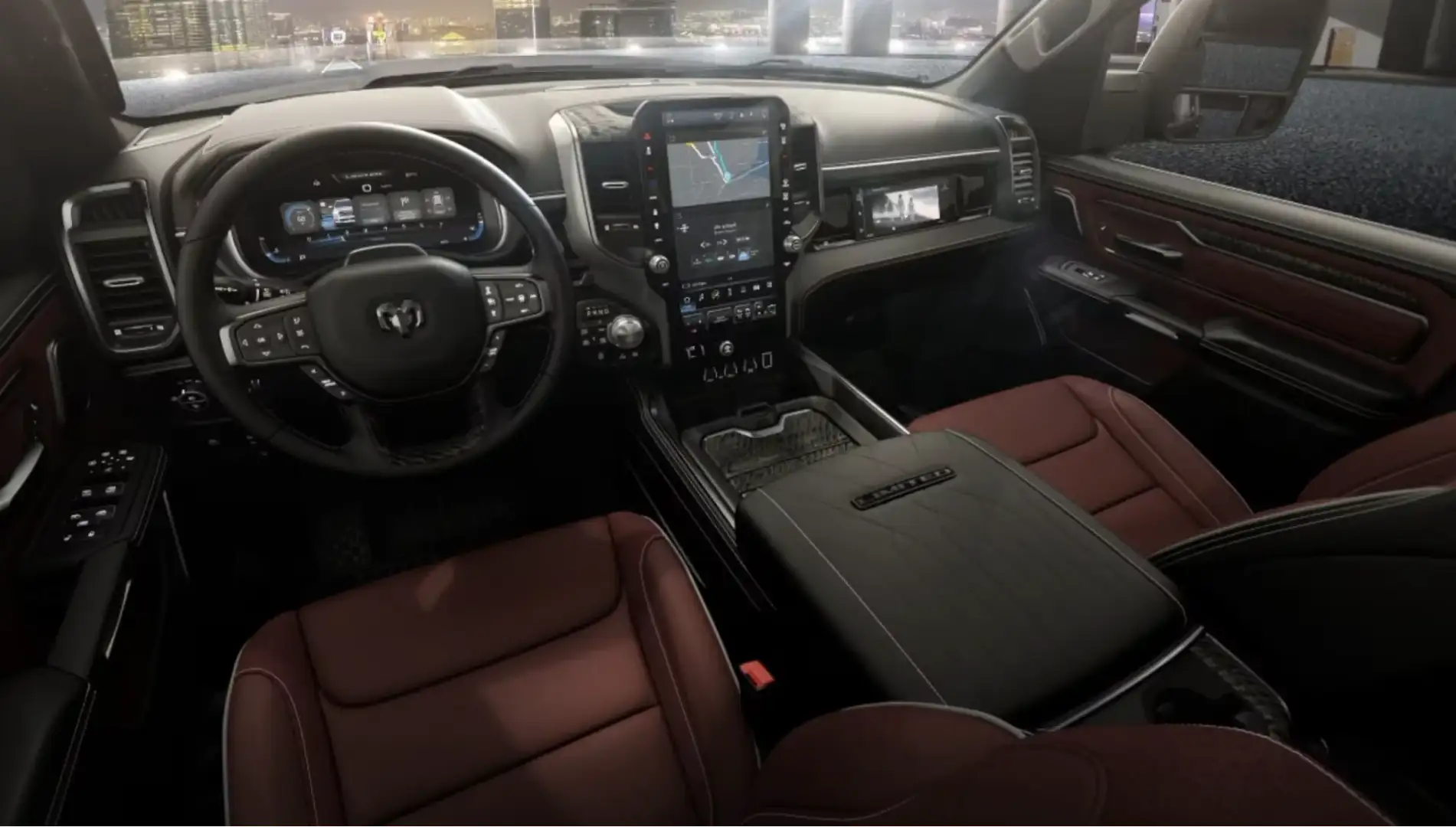 2026 Ram 1500 Limited interior with red leather seats, large center touchscreen, and digital gauge cluster