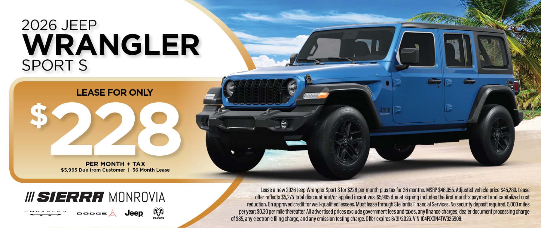 2026 Jeep Wrangler Sport S August Lease Special