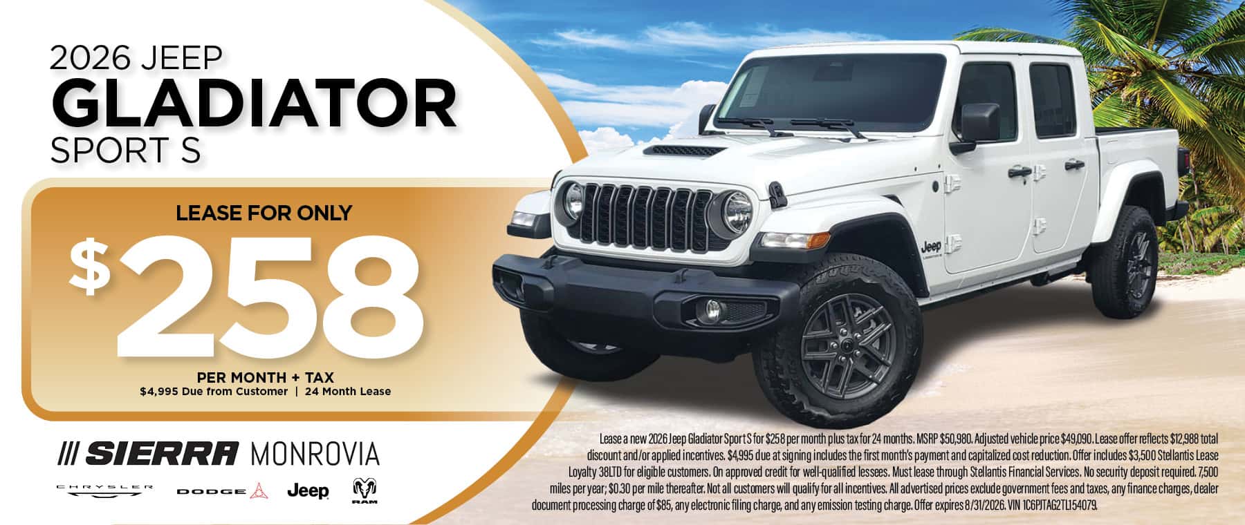 2026 Jeep Gladiator Sport S August Lease Special