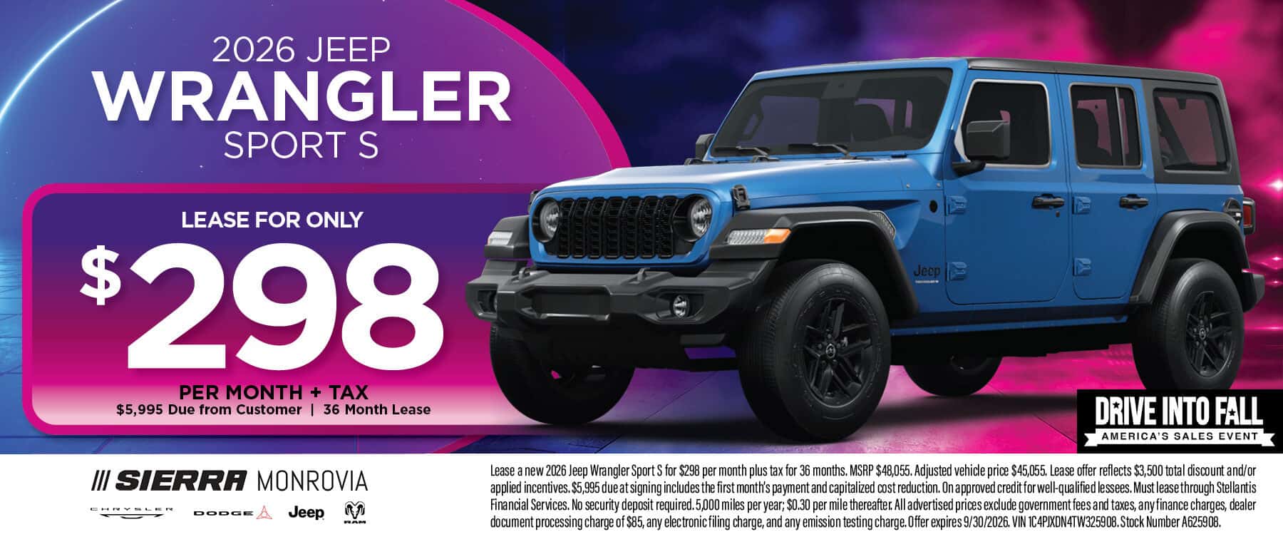2026 Jeep Wrangler Sport S lease offer at Sierra Chrysler Dodge Jeep Ram of Monrovia in Monrovia, CA