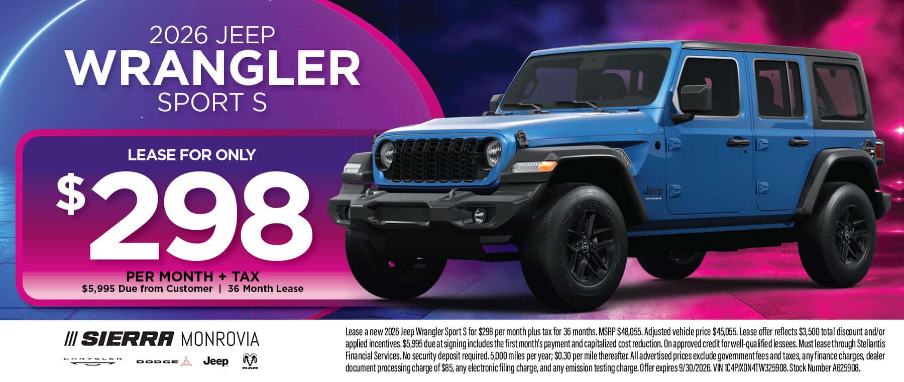2026 Jeep Wrangler Sport S lease offer at Sierra Chrysler Dodge Jeep Ram of Monrovia in Monrovia, CA