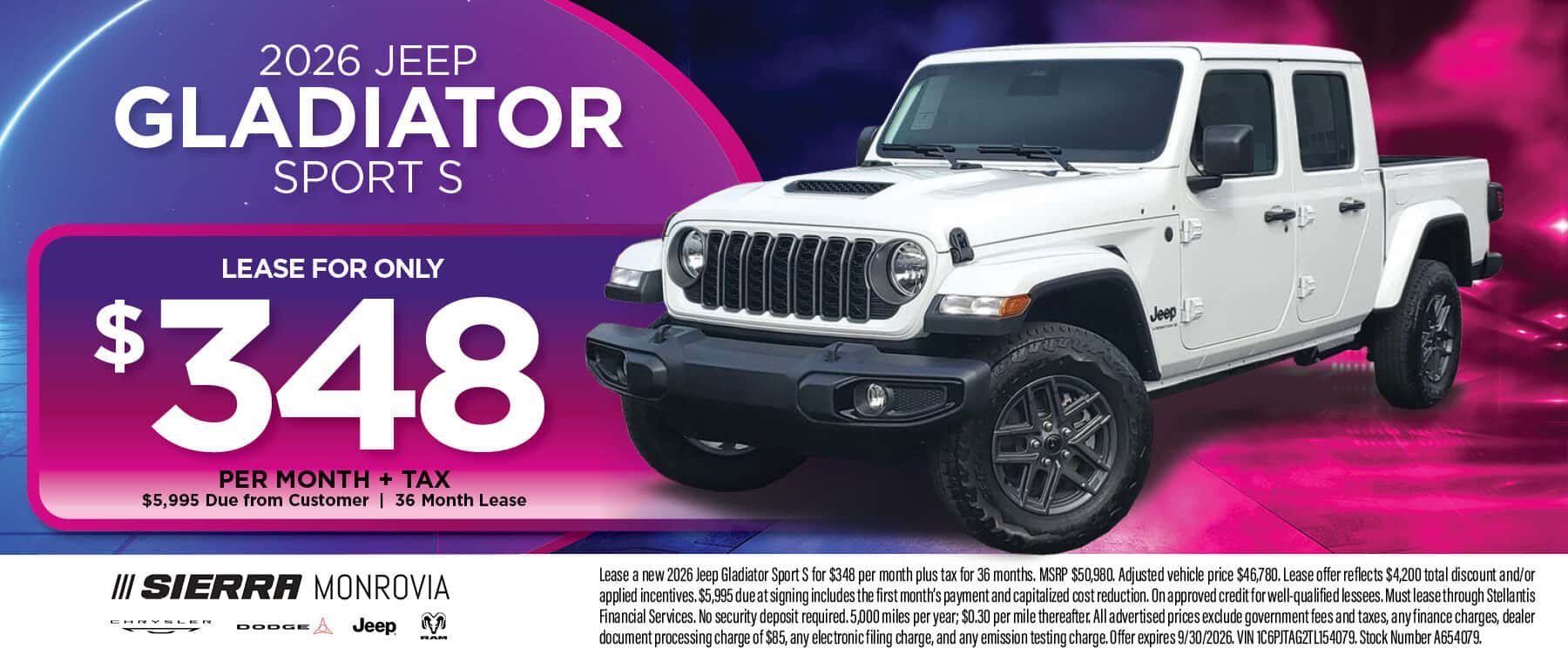 2026 Jeep Gladiator Sport S lease offer at Sierra Chrysler Dodge Jeep Ram of Monrovia in Monrovia, CA
