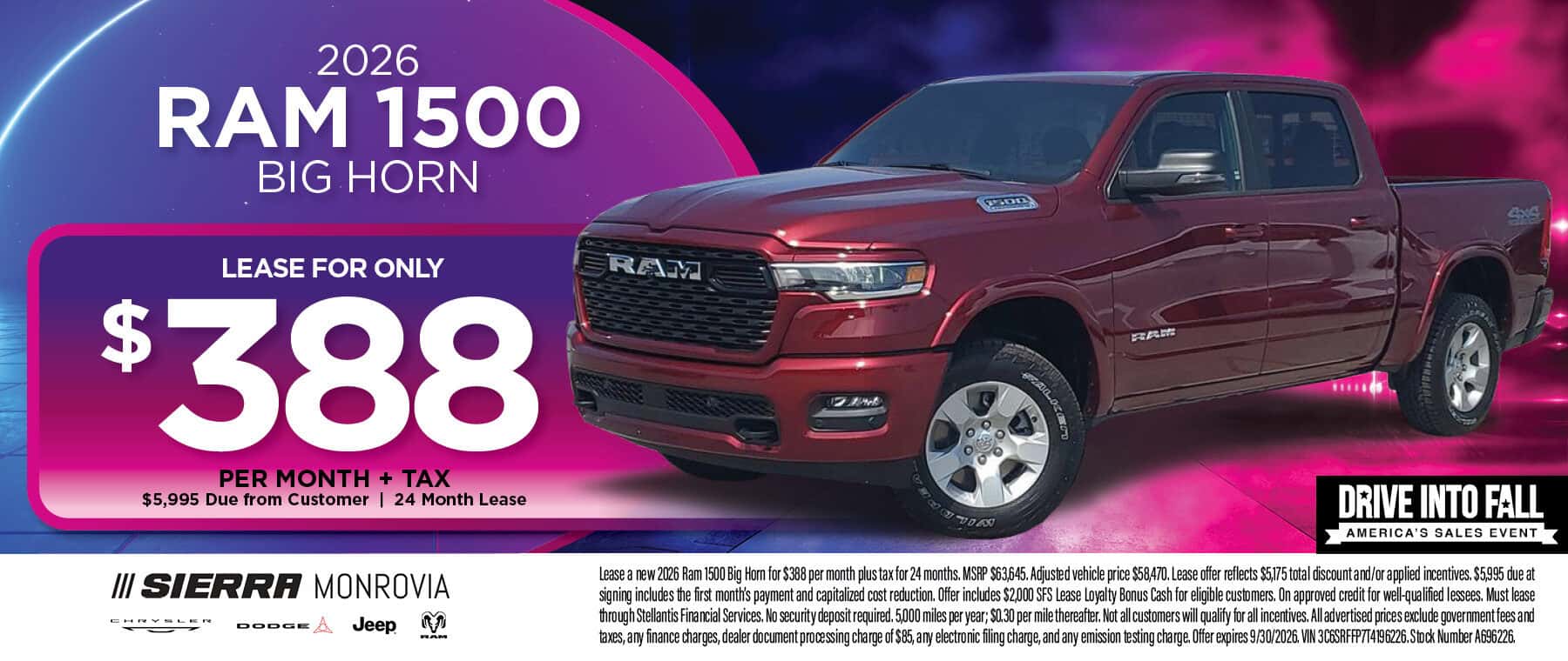 2026 Ram 1500 Big Horn lease offer at Sierra Chrysler Dodge Jeep Ram of Monrovia in Monrovia, CA