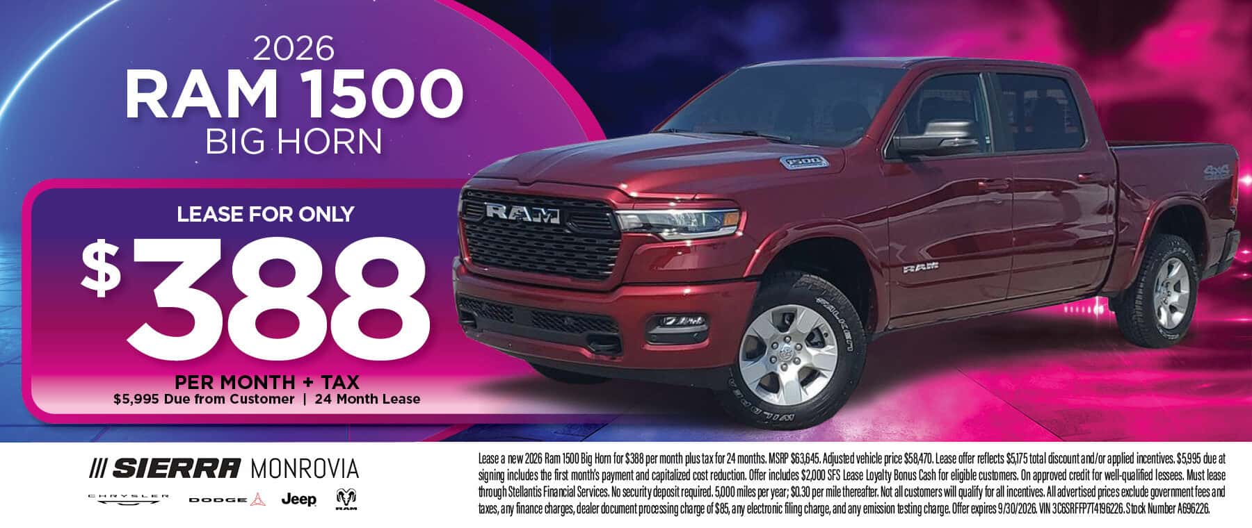 2026 Ram 1500 Big Horn lease offer at Sierra Chrysler Dodge Jeep Ram of Monrovia in Monrovia, CA