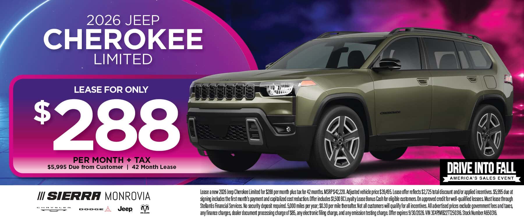 2026 Jeep Cherokee Limited lease offer at Sierra Chrysler Dodge Jeep Ram of Monrovia in Monrovia, CA