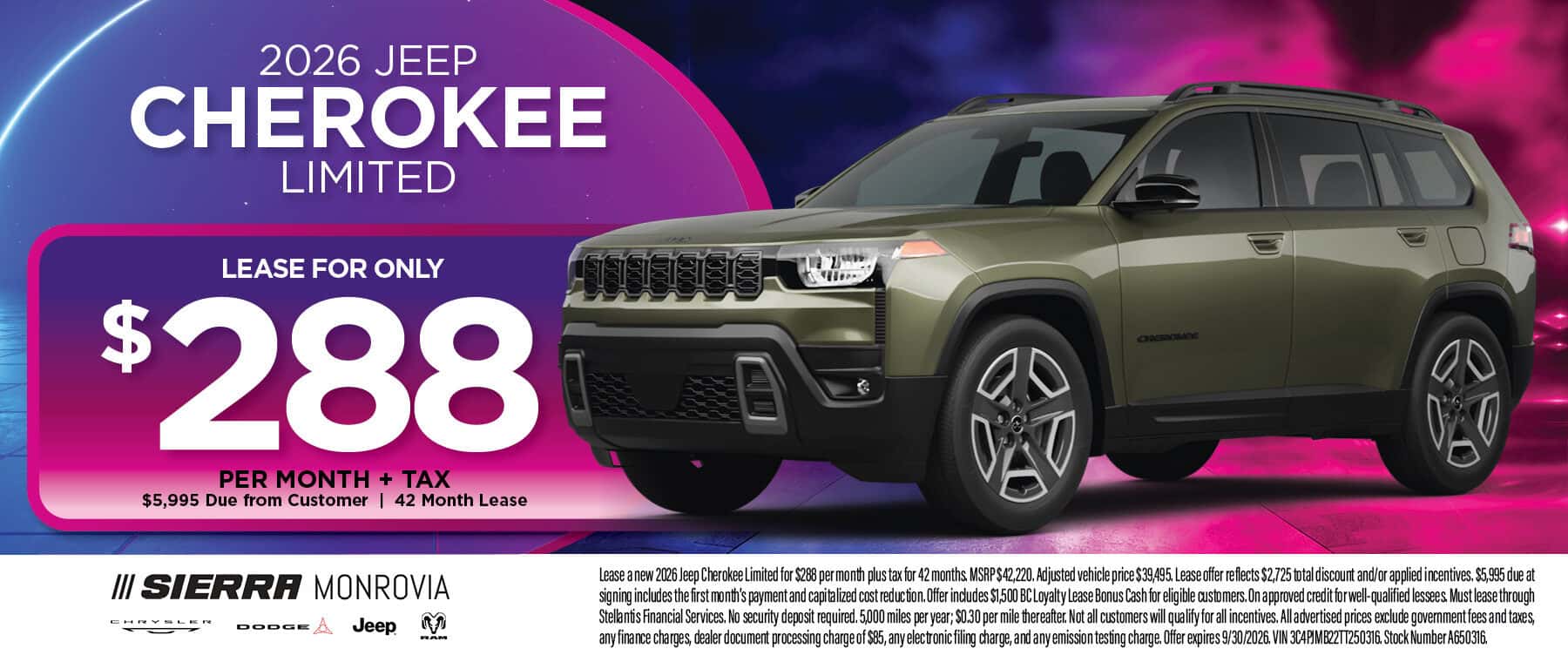 2026 Jeep Cherokee Limited lease offer at Sierra Chrysler Dodge Jeep Ram of Monrovia in Monrovia, CA