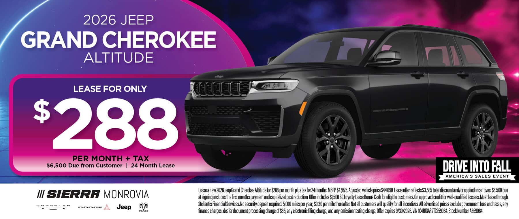 2026 Jeep Grand Cherokee Altitude lease offer at Sierra Chrysler Dodge Jeep Ram of Monrovia in Monrovia, CA