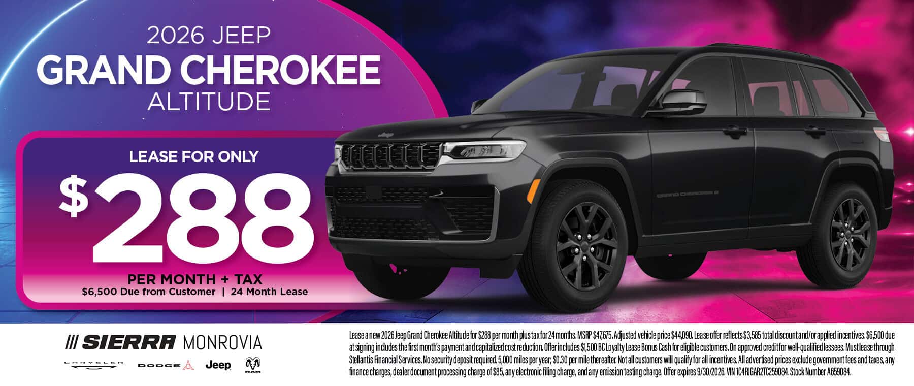 2026 Jeep Grand Cherokee Altitude lease offer at Sierra Chrysler Dodge Jeep Ram of Monrovia in Monrovia, CA