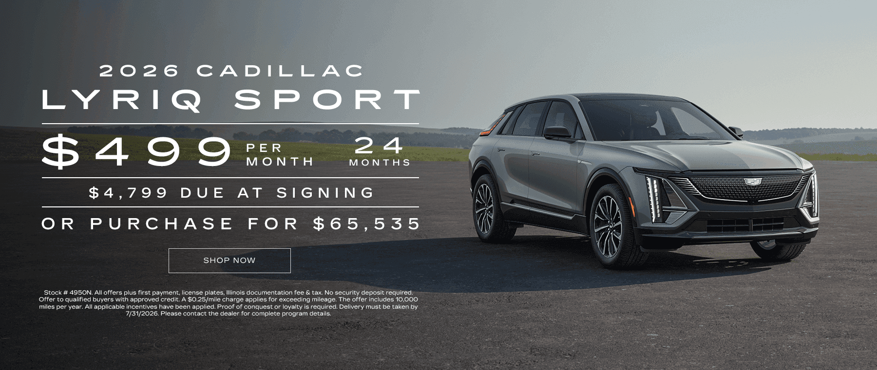 2026 Cadillac Lyriq Sport Subtext: Lease for $499 per month, 24 months, $4,799 due at signing or purchase for $65,535