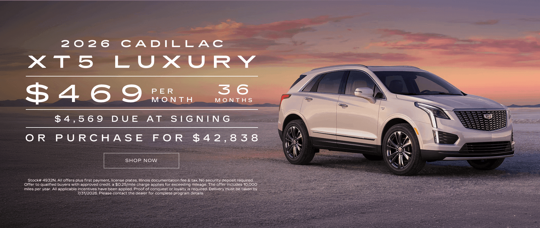 Headline: 2026 Cadillac XT-5 Luxury Subtext: Lease for $469 per month, 36 Months, $4569 due at signing OR purchase for $42,838