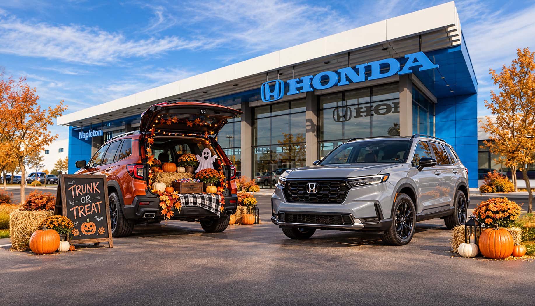 Decorated vehicle trunks with candy and pumpkins at the Napleton Honda of Morton Grove trunk or treat