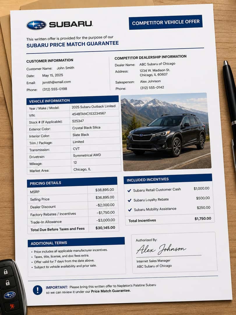 Written competing vehicle offer ready for review under the Subaru Price Match Guarantee