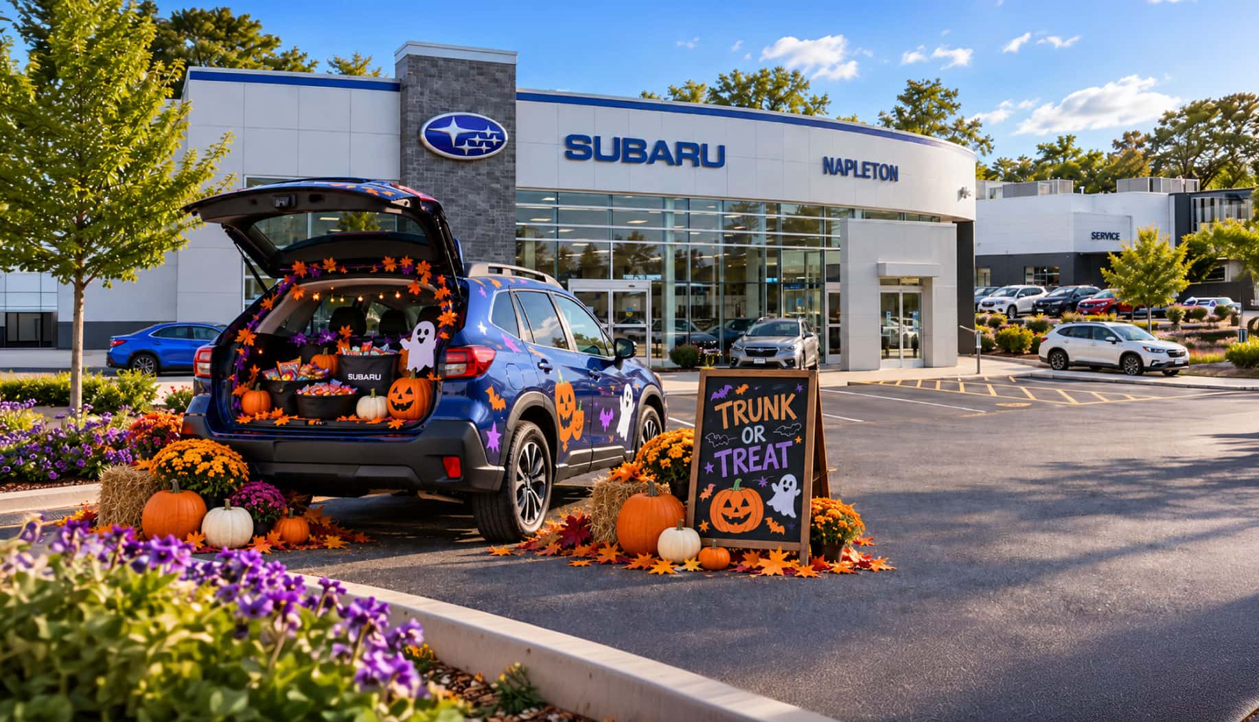 Decorated Subaru trunk filled with candy and pumpkins at the Napleton's Schaumburg Subaru trunk or treat