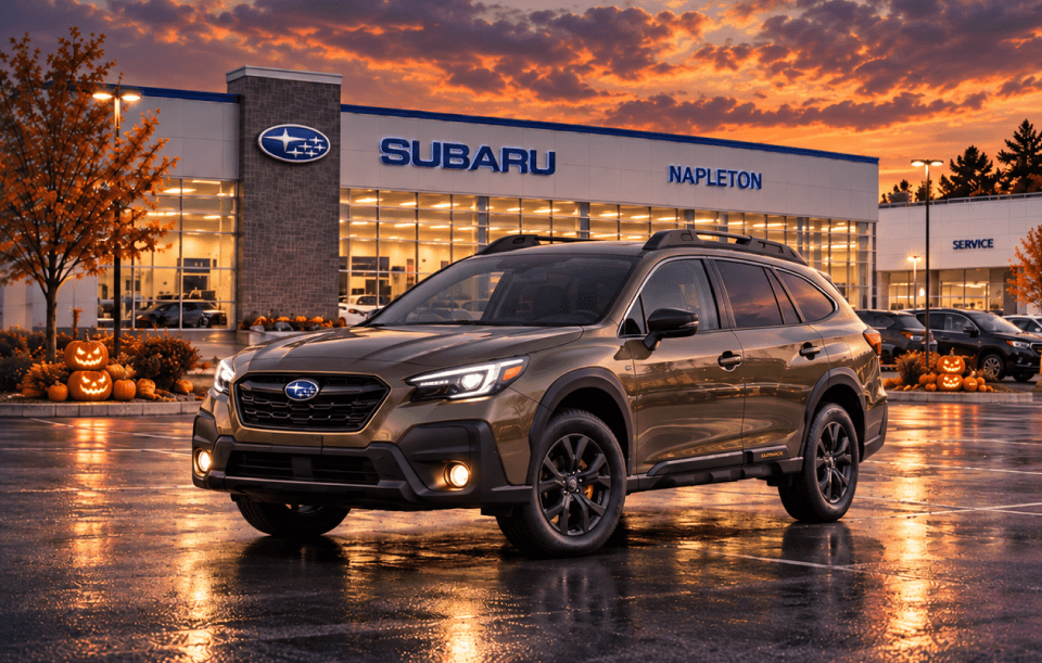 New Subaru Outback outside Napleton's Palatine Subaru in the fall