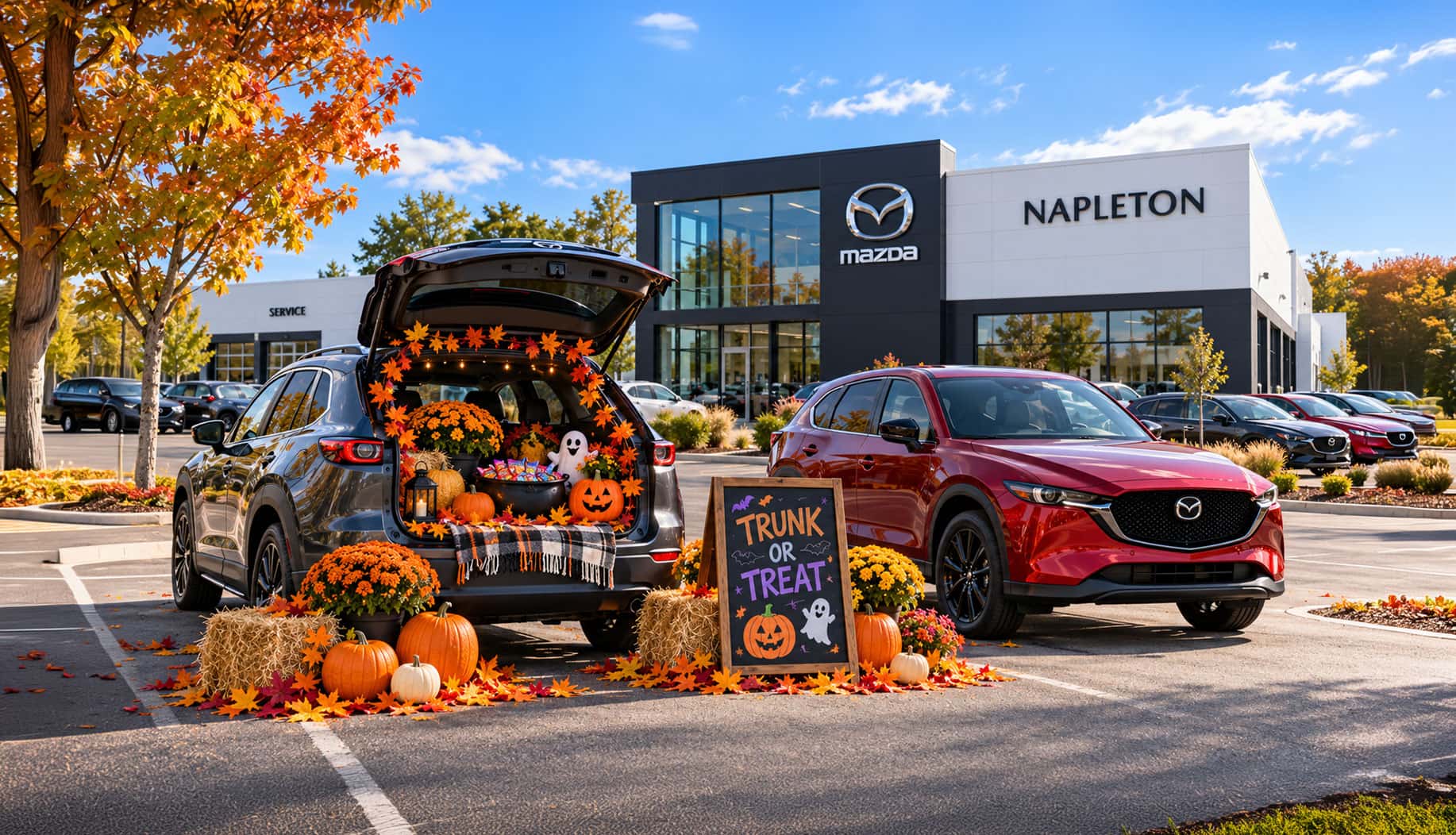 Decorated vehicle trunks with candy and pumpkins at the Napleton's Schaumburg Mazda trunk or treat