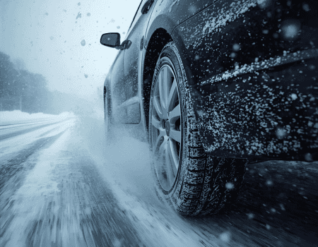 tire in snow on roadway