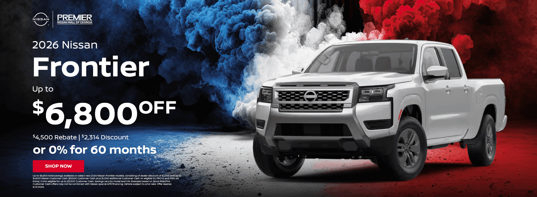 2026 Nissan Frontier Subtext: Up to $6,800 off ($4,500 rebate, $2314 discount or 0% for 60 months