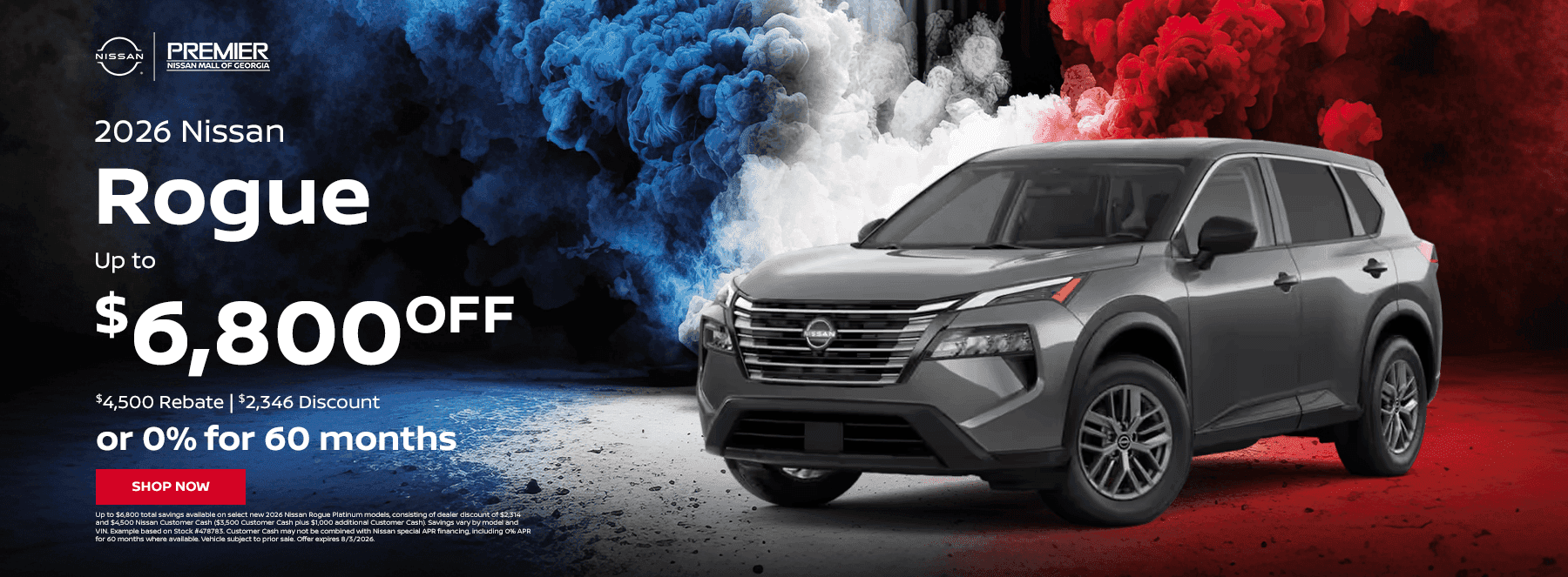 2026 Nissan Rogue Subtext: up to $6,800 off ($4,500 rebate, $2,346 discount) or 0% for 60 months