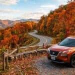 2026 Nissan Rogue at a north Georgia mountain overlook during fall foliage season with colorful hardwood trees and a winding road below