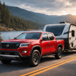 Red 2026 Nissan Frontier towing a trailer near a lake
